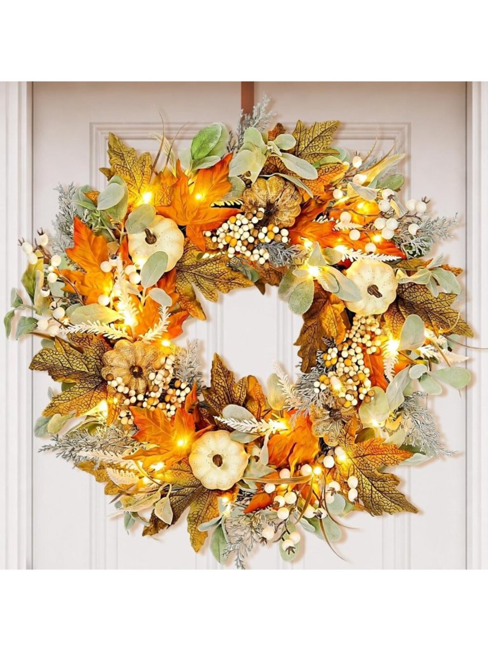 24in Pre-lit Fall Wreath for Front Door - Thanksgiving Home Decor Accent